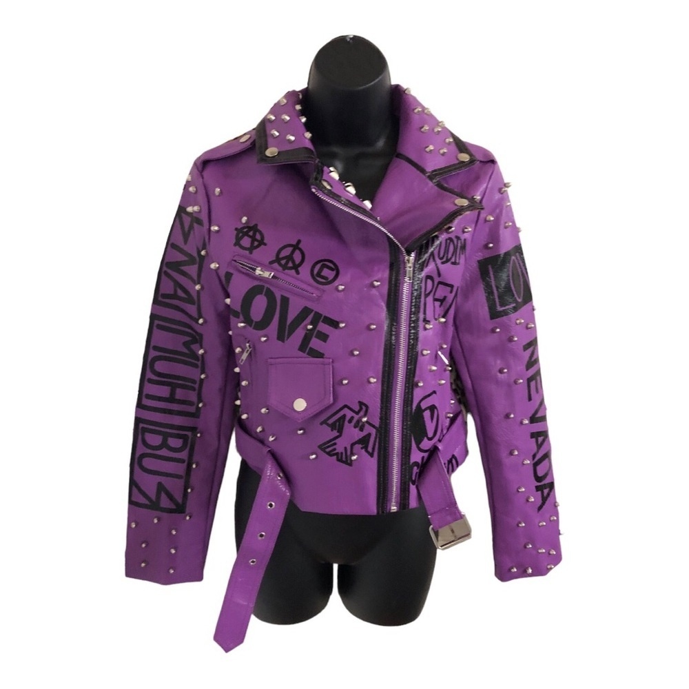 Purple leather studded faux leopard‎ calfskin ponyhair biker moto jacket size L